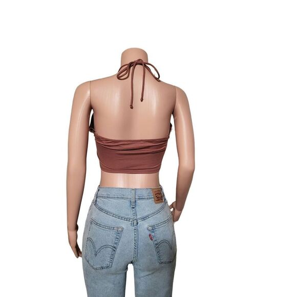 Blashe women's v-neck tie back halter brown cropped top L - Picture 3 of 5